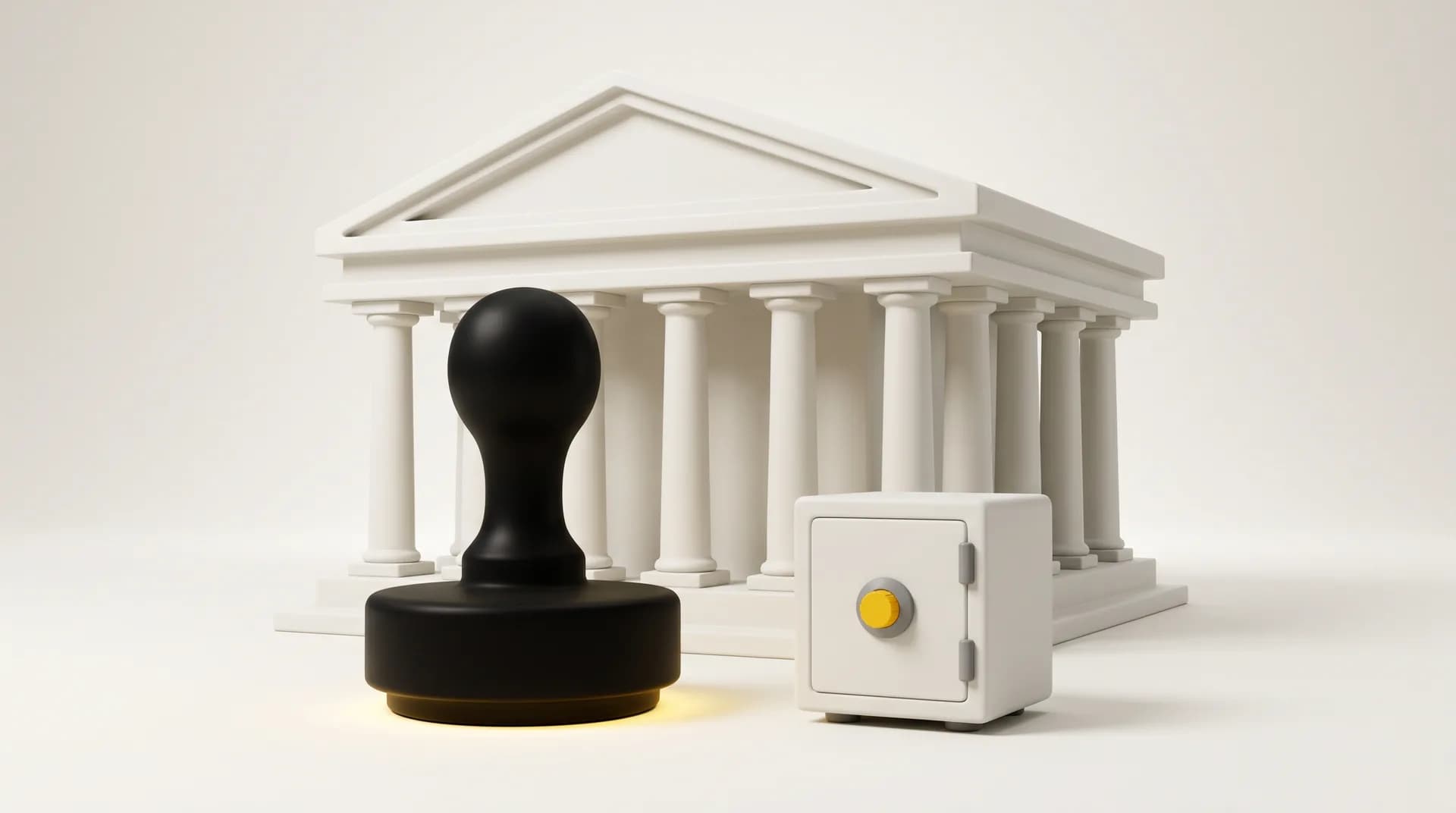 Bâtiment à colonnes avec, au premier plan, un grand tampon noir à base jaune et un petit coffre-fort fermé