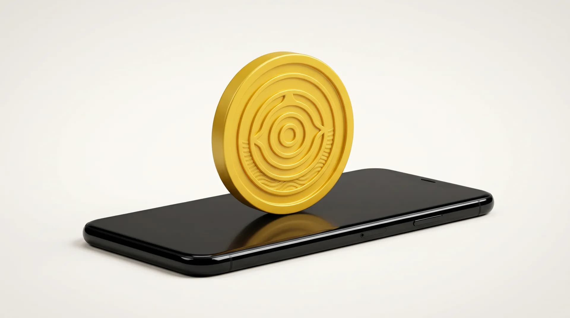 Jeton jaune à emblème monétaire posé debout sur un smartphone noir couché à plat, au centre