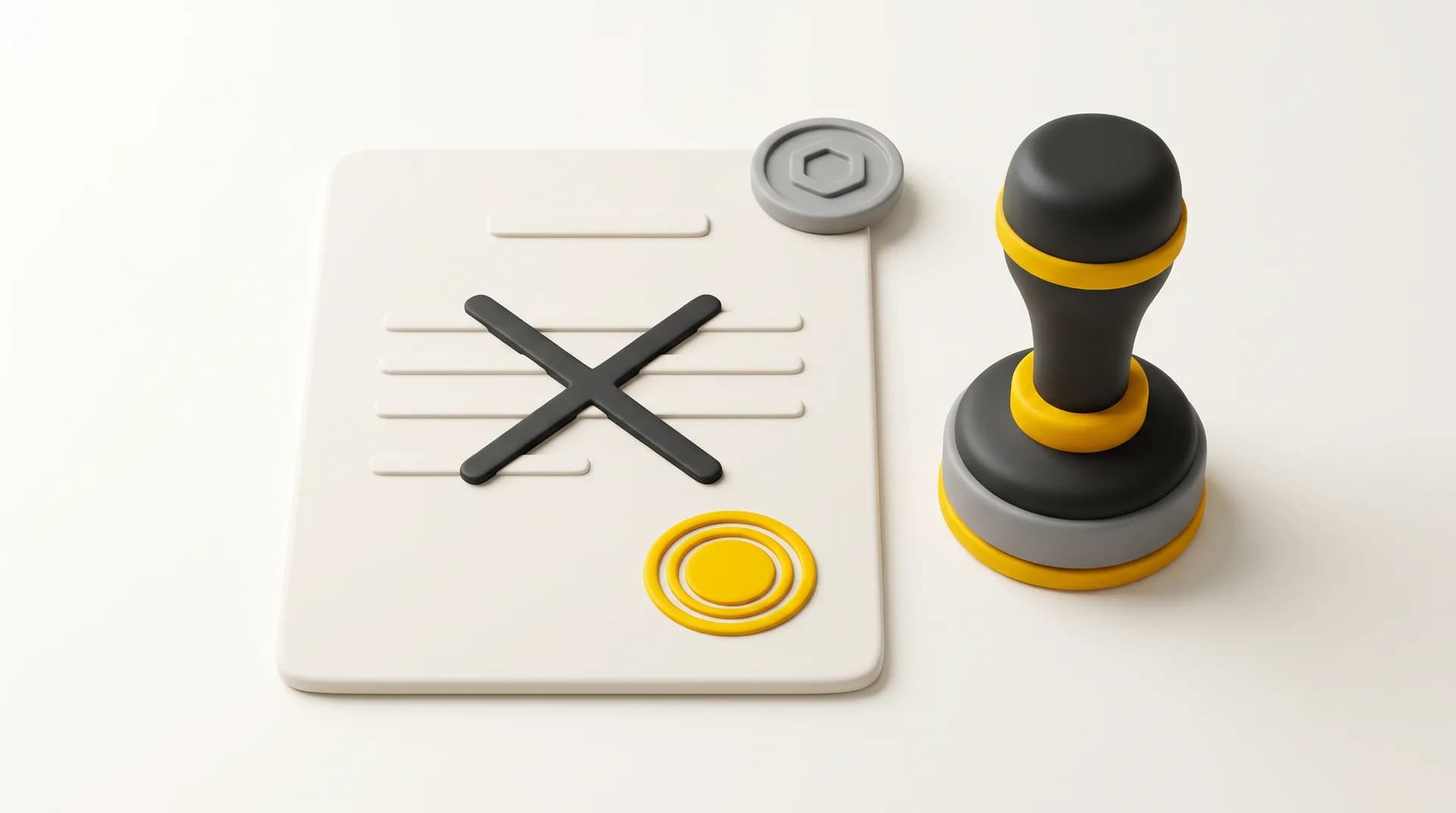 Document barré d'une grande croix, tampon jaune posé à sa droite et petite pièce à motif hexagonal sur un coin