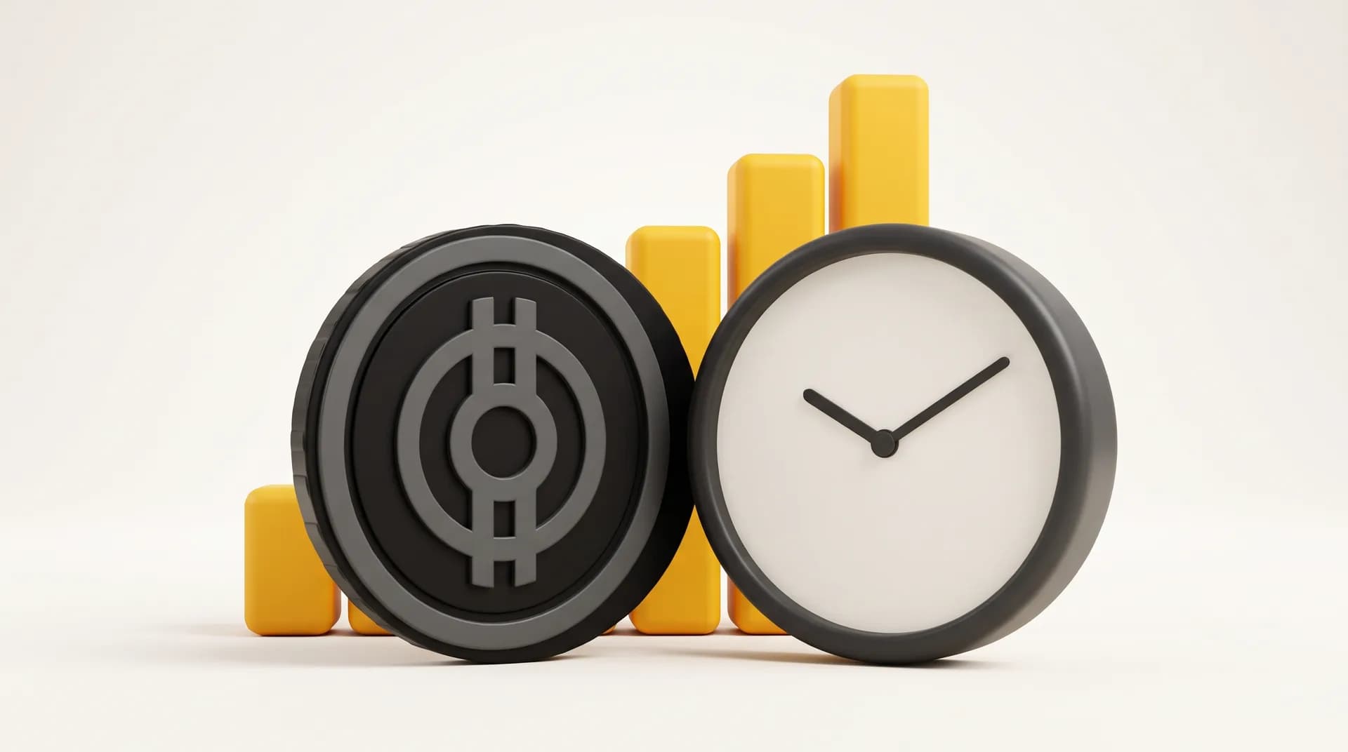 Pièce jaune dressée à côté d'une horloge ronde sans chiffres, devant un petit graphique en barres qui monte