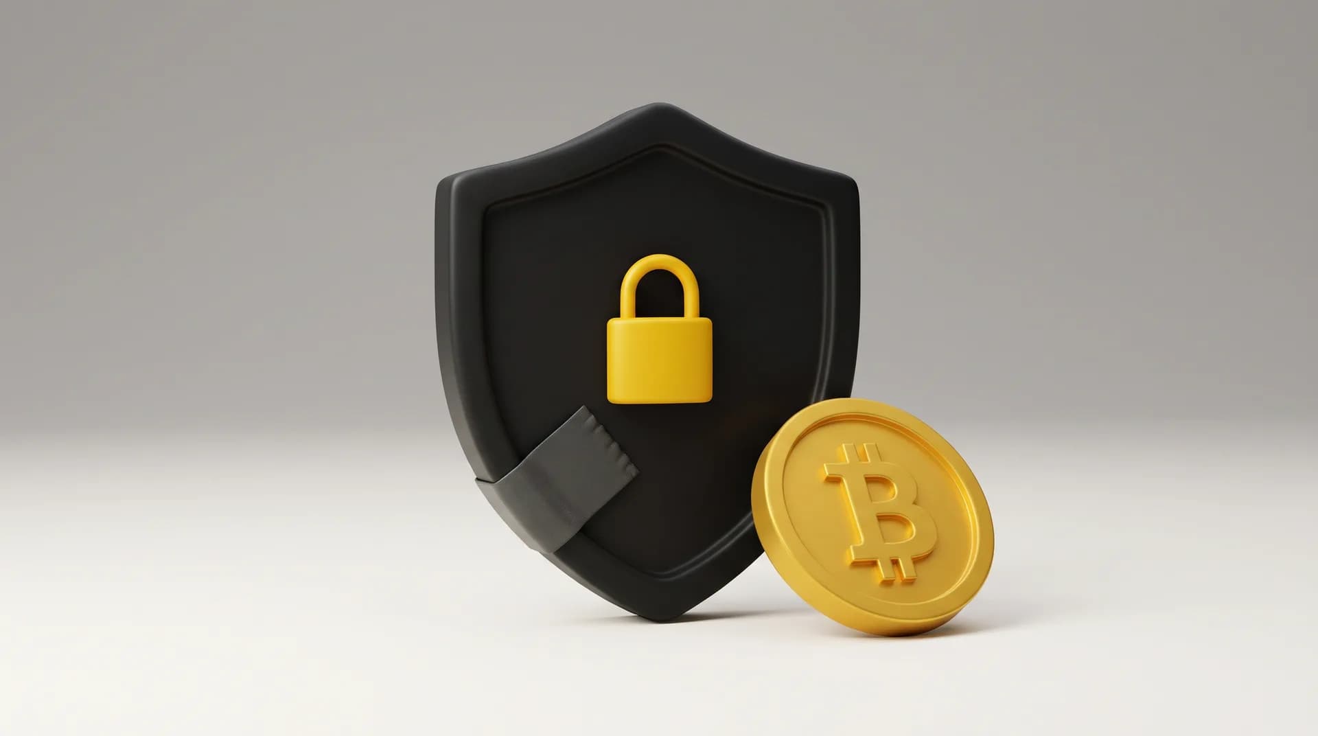 Bouclier noir avec un cadenas jaune au centre, bordé d'une bande de réparation, à côté d'une pièce dorée frappée d'un B