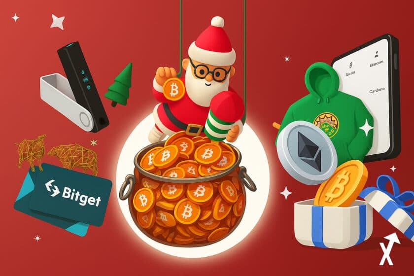 Plusieurs cadeaux de noel crypto sur fond rouge pour donner des idées