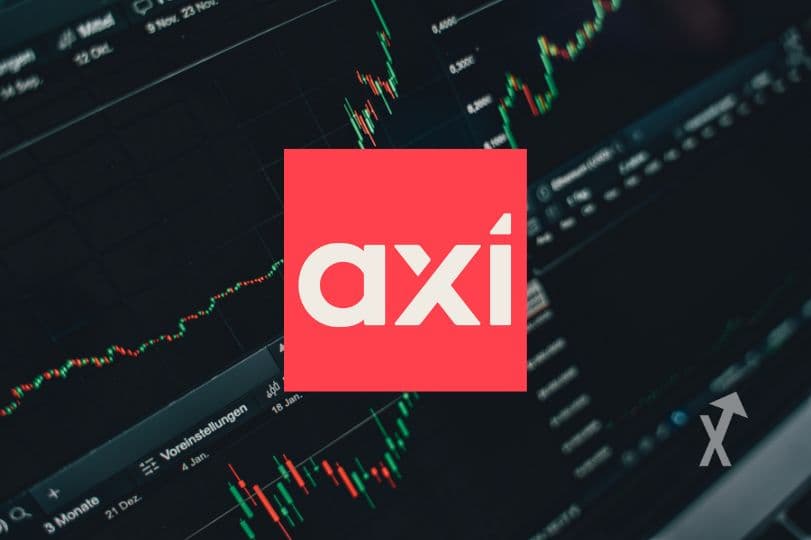 Logo rouge du broker Axi devant un écran de trading affichant des graphiques en chandeliers