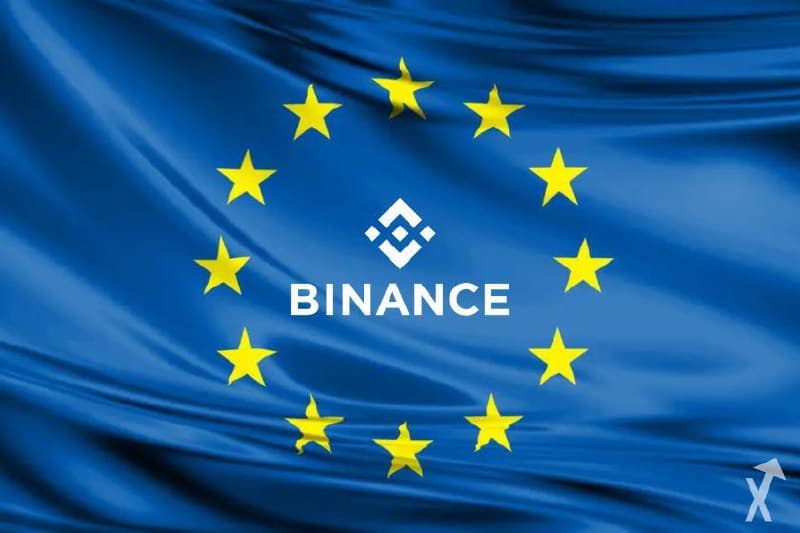 Drapeau de l'Union européenne avec le logo et le nom Binance au centre du cercle d'étoiles