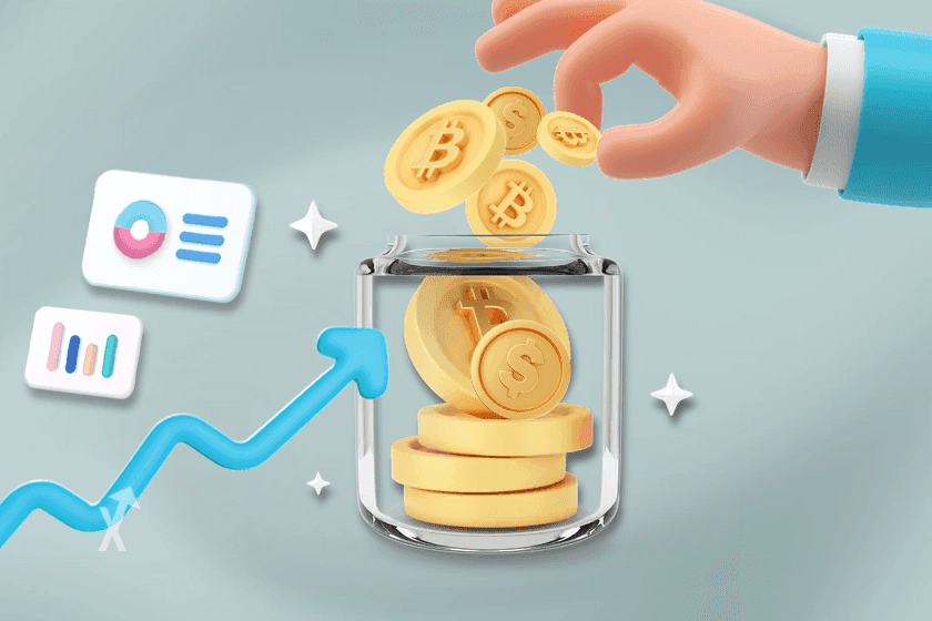 Main déposant des pièces bitcoin et dollar dans un bocal en verre, près d'une flèche ascendante
