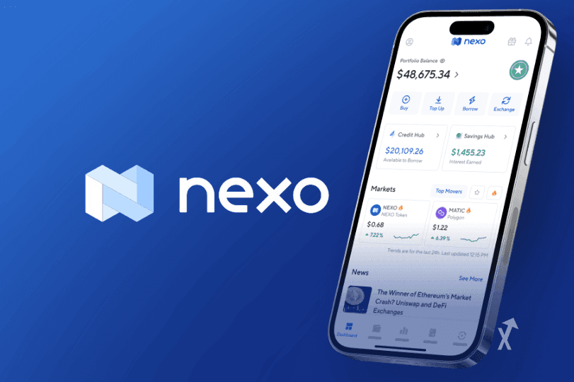 Logo Nexo sur fond bleu à côté d'un smartphone affichant l'application avec solde, Credit Hub et marchés