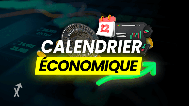Titre « Calendrier économique » avec calendrier, pièce de la Fed, graphique en chandeliers et flèche verte