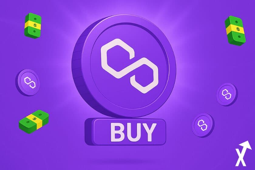 Grande pièce violette au logo Polygon au-dessus d'un bouton BUY, entourée de billets et de petites pièces