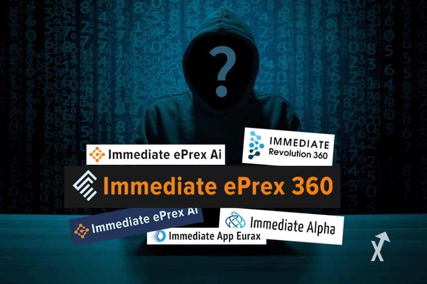 Silhouette encapuchonnée avec un point d'interrogation, entourée des logos Immediate ePrex et Immediate Alpha