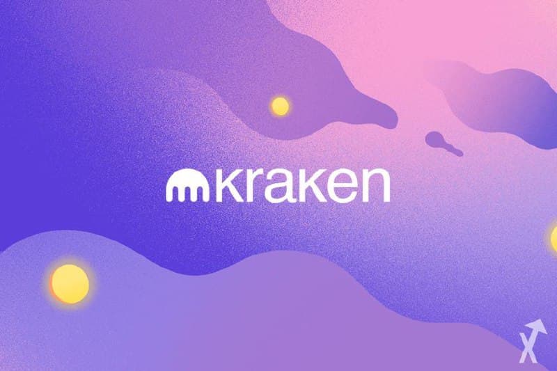 Logo blanc de l'exchange Kraken sur un fond violet et rose avec des pièces dorées
