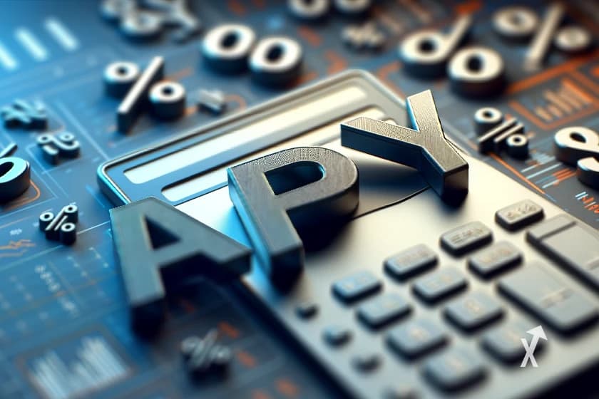 Lettres APY en relief posées sur une calculatrice, entourées de symboles de pourcentage