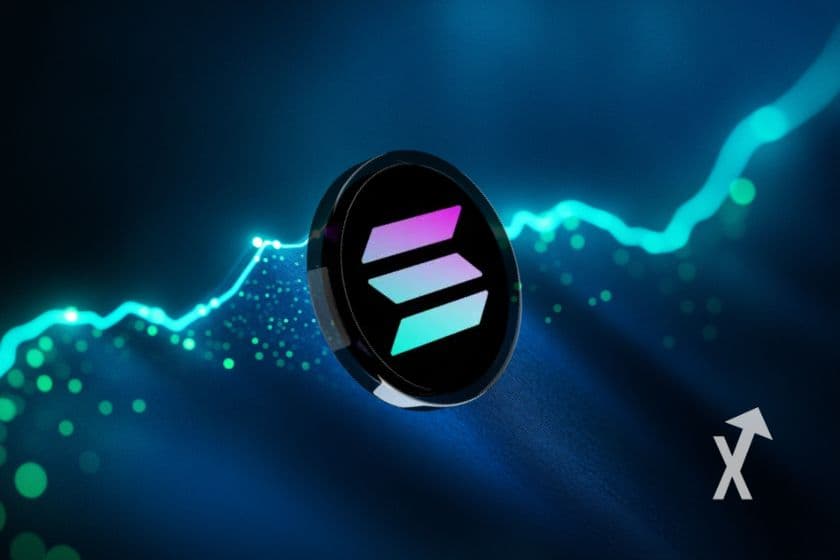 Pièce au logo Solana devant une courbe de cours lumineuse turquoise en hausse