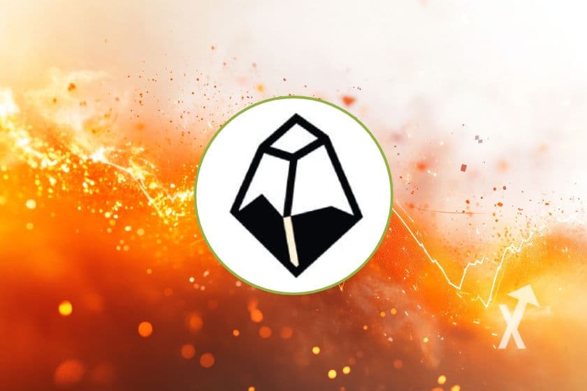 Logo de StakeStone dans un cercle blanc sur fond orange avec étincelles et courbe de cours