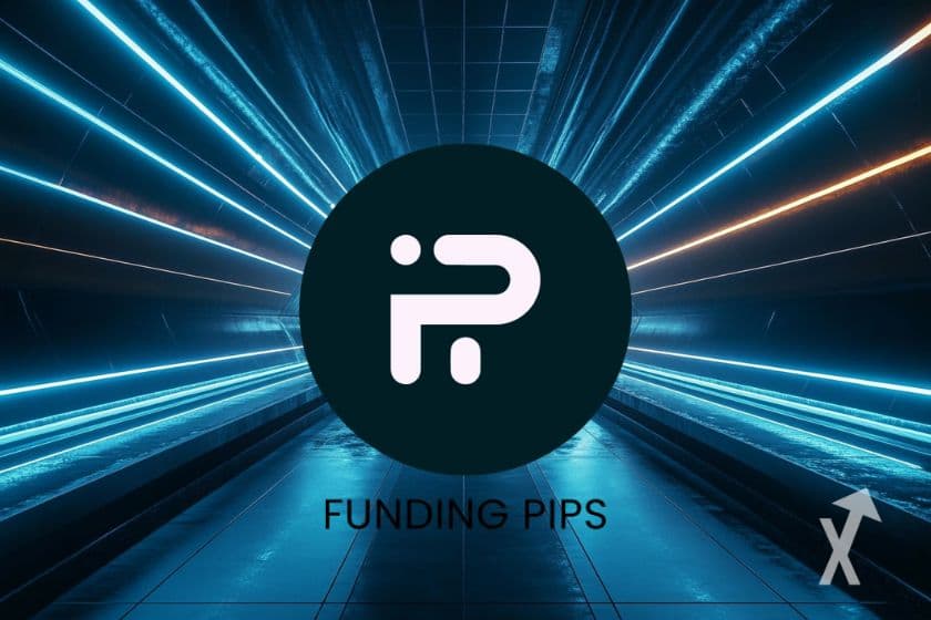 Logo rond de Funding Pips au bout d'un tunnel éclairé de lignes de lumière bleues
