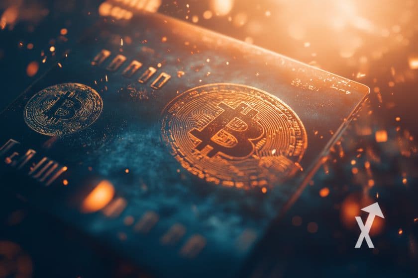 Carte bancaire sombre gravée de symboles bitcoin dorés sous une lumière orangée