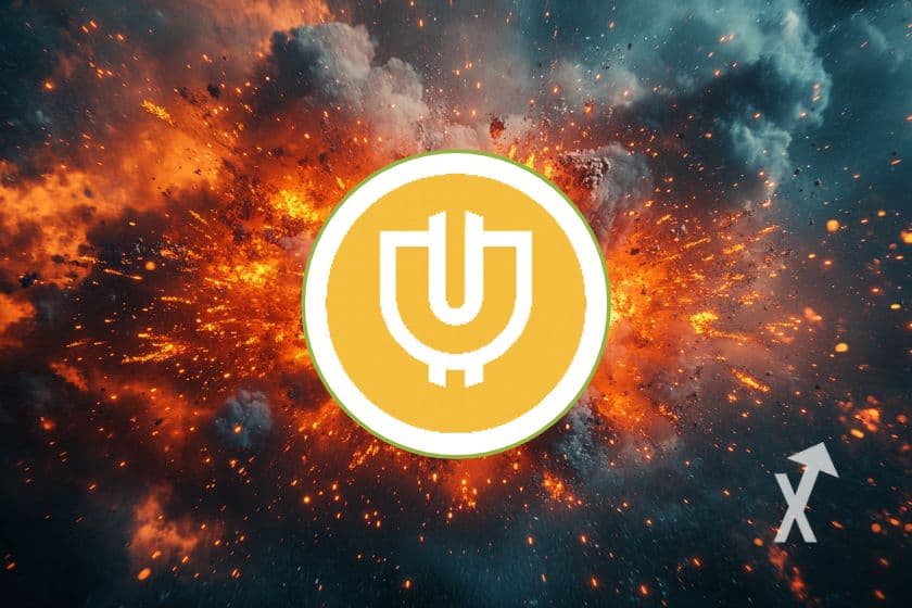 Logo jaune de Useless Coin dans un cercle blanc devant une explosion de flammes