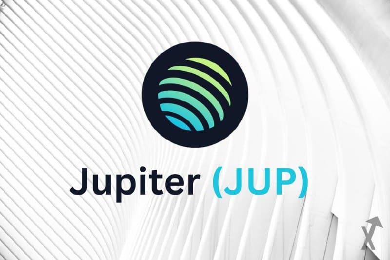 Logo rond de Jupiter aux arcs verts et bleus avec le texte « Jupiter (JUP) » sur fond blanc