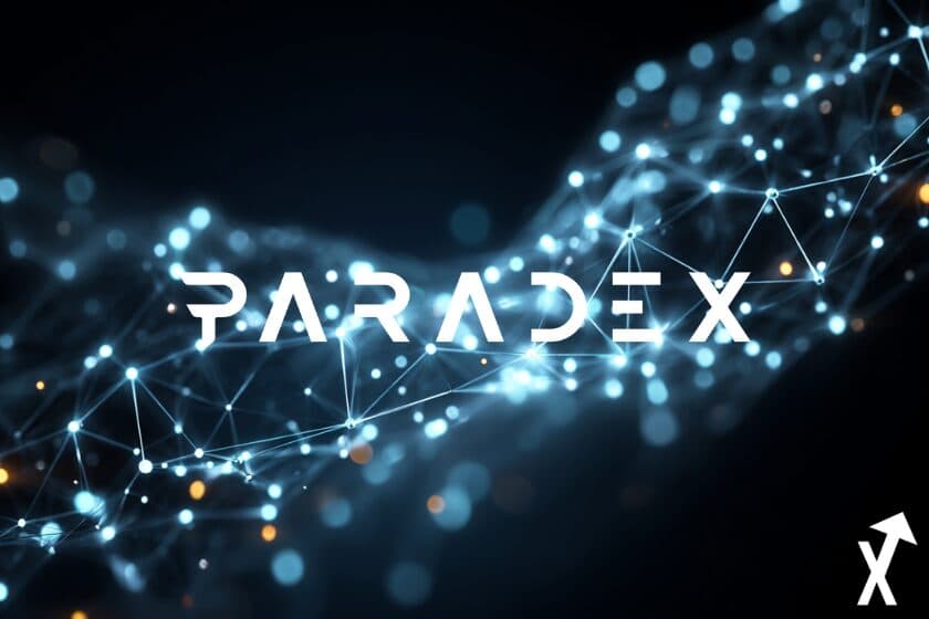 paradex illiustration logo blanc sur fond blockchain bleue et blanc
