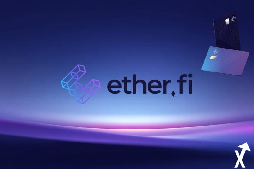 etherfi logo blanc sur fond fondu violet blanc et bleu univers ,carte bancaire bleue clair et foncé en haut à droite