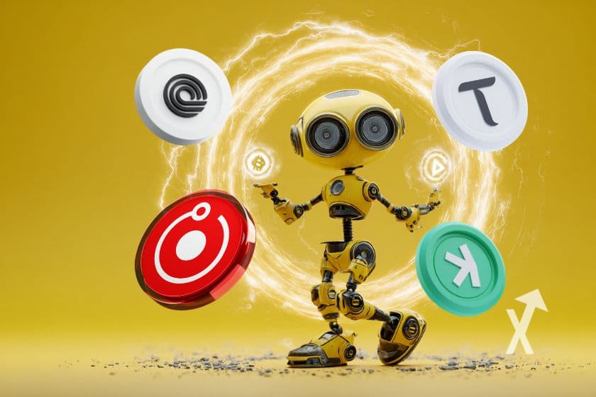 robot jaune avec coins ONDO Tao Kaspa et render autour de lui avec un rond d'aura blanc derrière sur un fond jaune