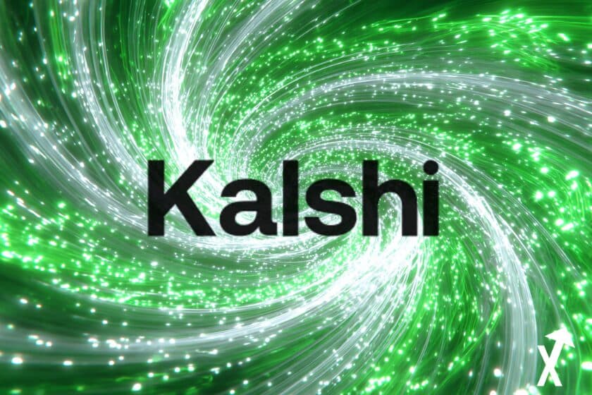 Kalshi logo noir sur fond spirale verte et blanche electrique