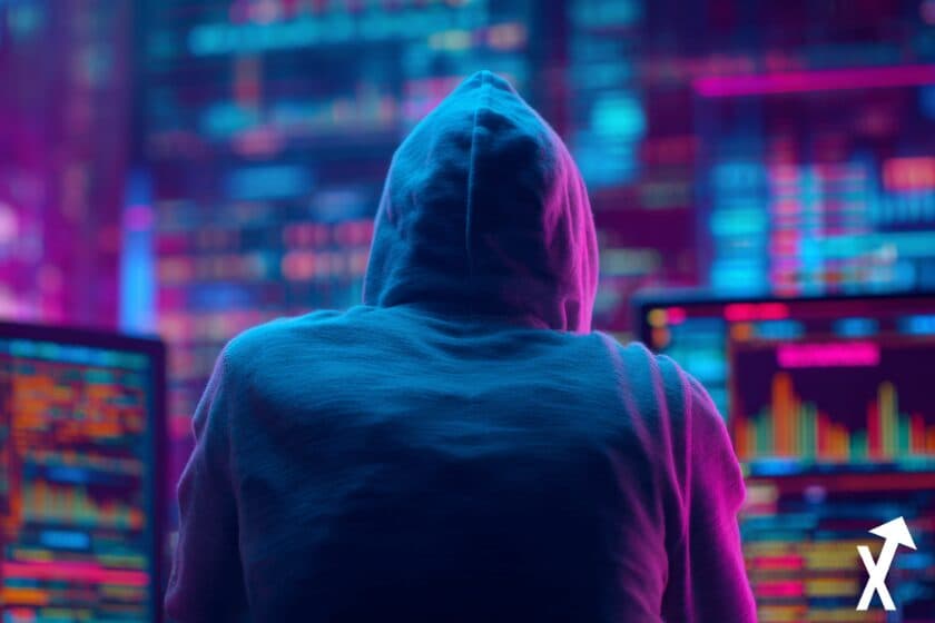hacker de dos capuché face à plusieurs ecrans tradings charts