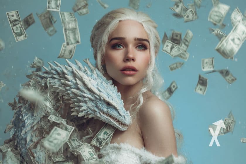 daenarys targarian sur un fond bleu avec un dragon et des billets dollars