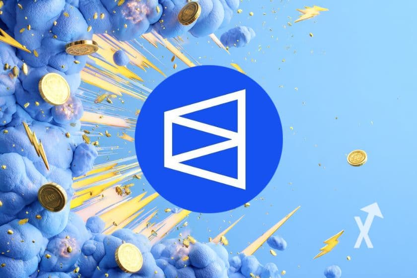 polymarket logo sur un fond bleu avec des peices et nuage à gauche