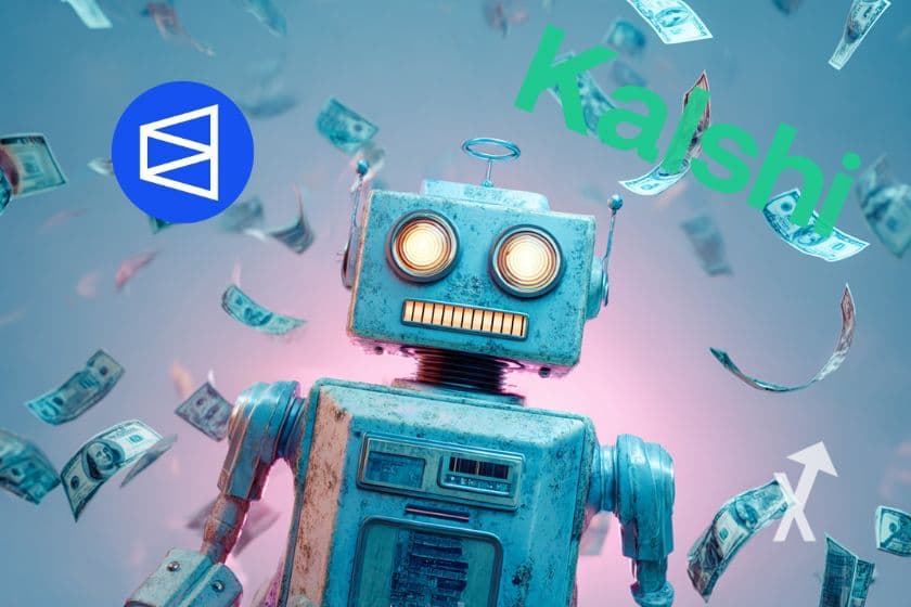 Robot bleu avec des billets dolalrs qui voents sur un fond bleu et rose et logos Polymarket et et Kalshi sur les côtés