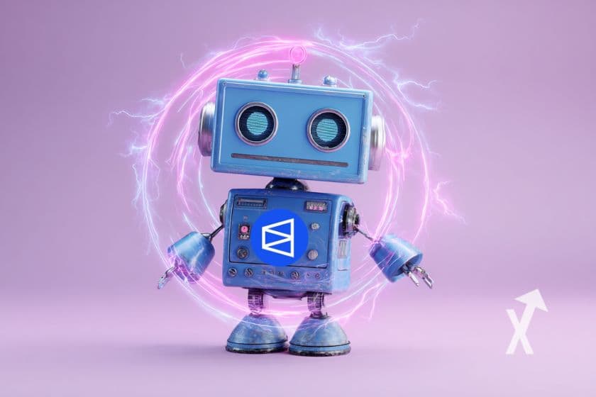 petit robot bleu sur un fond rose avec logo polymarket sur son ventre