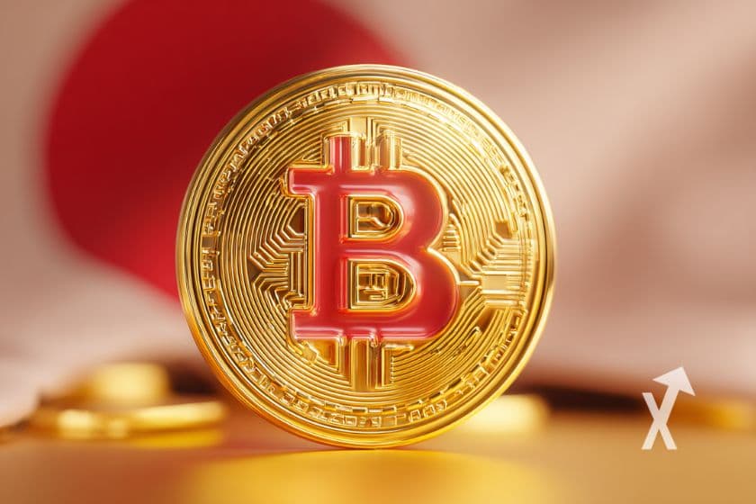 Coin Bitcoin en or avec signe en rouge avec un drapeau du Japon en fond