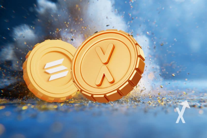 coin xrp et solana en jaune sur un fond bleu avec de la fumée derrière