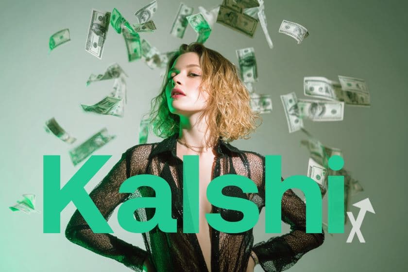 Femme sur un fond vert avec des billets dollars qui pleuvent et un logo Kalshi en vert devant elle