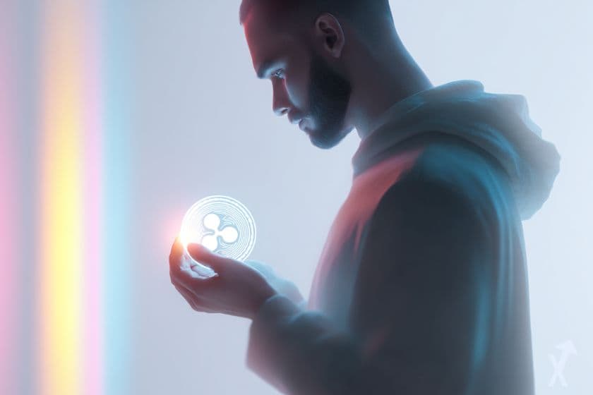 un homme mystérieux tenant un coin XRP lumineux dans ses mains