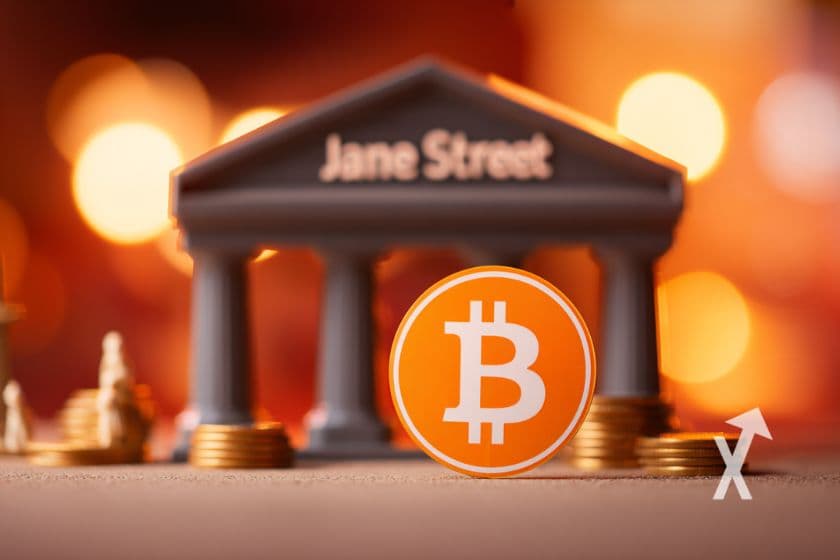 banque jane street avec un coin Bitcoin orange sur un fond orangé