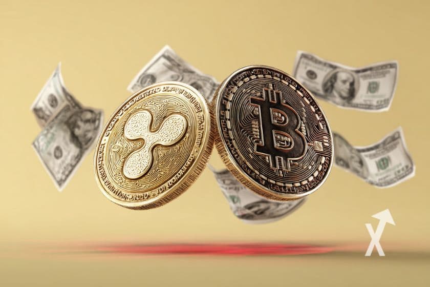 XRP et Bitcoin coin sur un fond jaune avec des billets dollars