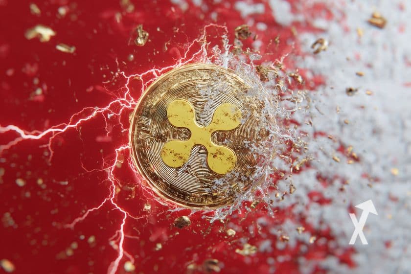 XRP coin sur un fond rouge et blanc avec électricité rouge autour