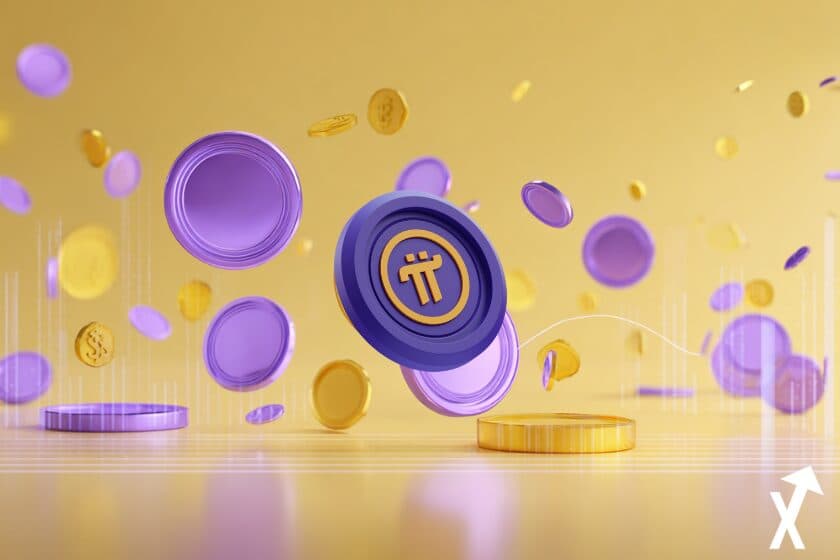 Jeton Pi Network violet entouré de pièces violettes et dorées sur fond jaune