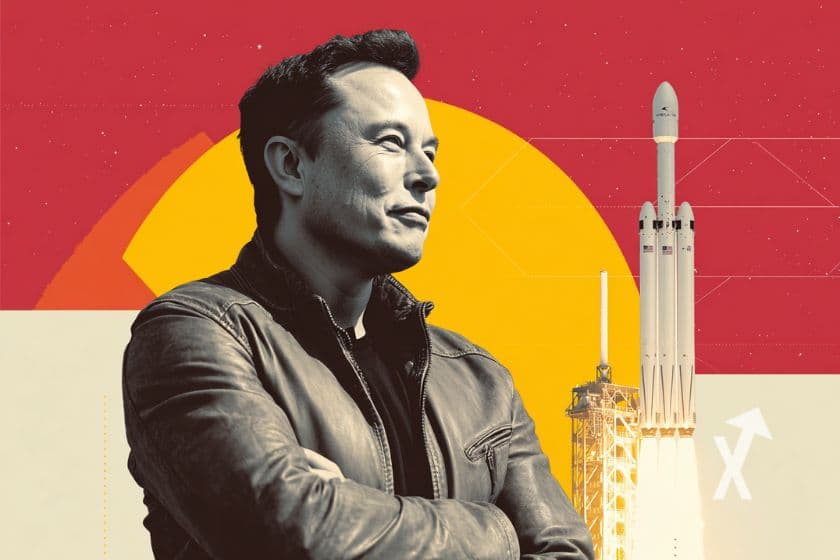 Musk sur un fond rouge et beige avec un cercle jaune et une fusée SpaceX