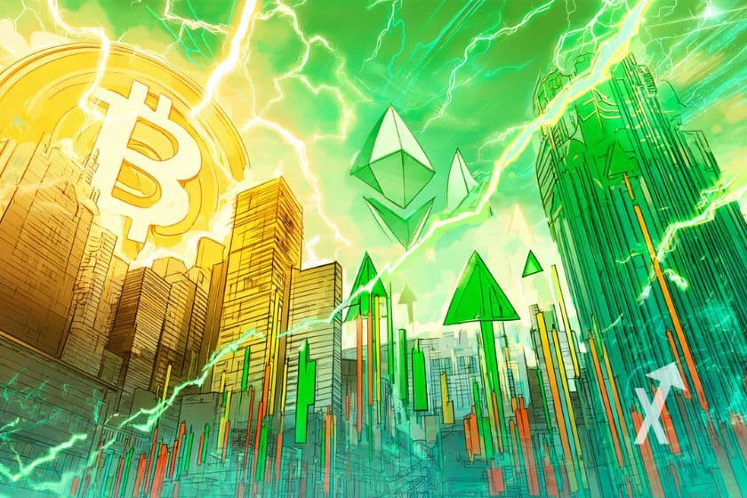Bitcoin et ethereum coin dans un univers lumineux vert néon avec des fleches vertes et rouges