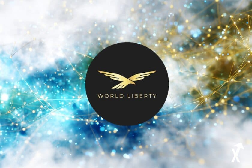 Logo World Liberty avec un aigle doré sur disque noir, devant un fond bleu et or constellé de points