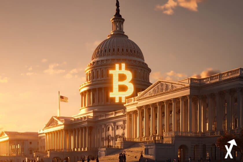 Capitole des États-Unis au coucher du soleil, avec un symbole bitcoin lumineux sur le dôme et un drapeau américain