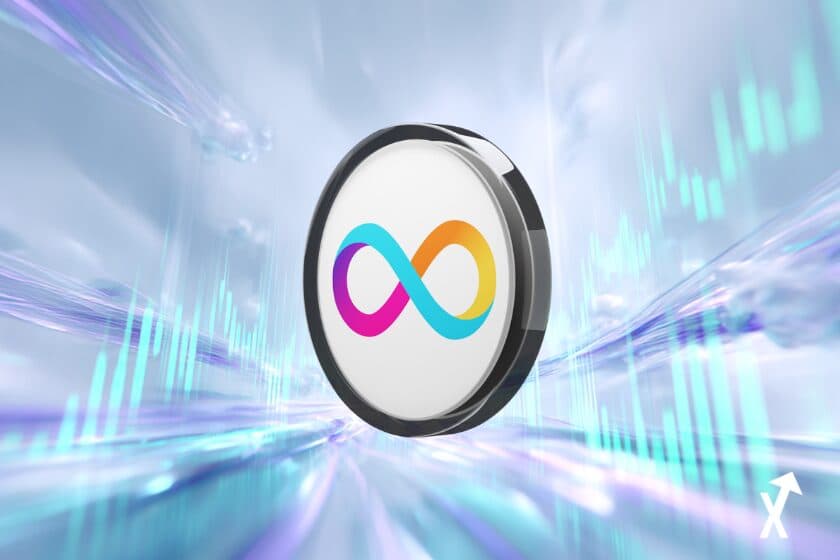 Jeton blanc au logo infini multicolore d'Internet Computer, devant des barres de graphique turquoise