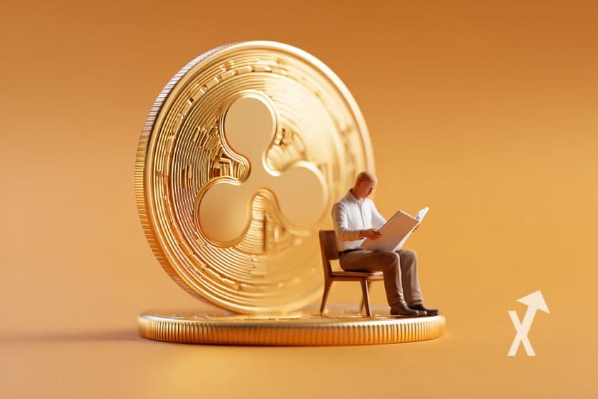 XRP coin en grnd avec un homme qui lit un journal à côté sur un fond orange