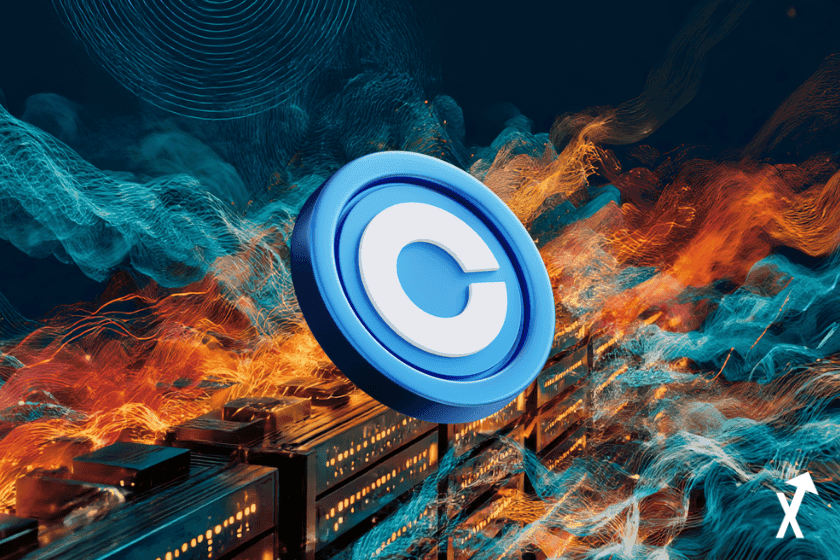 Jeton bleu au logo Coinbase au-dessus de baies de serveurs, entouré de filaments orange et bleus