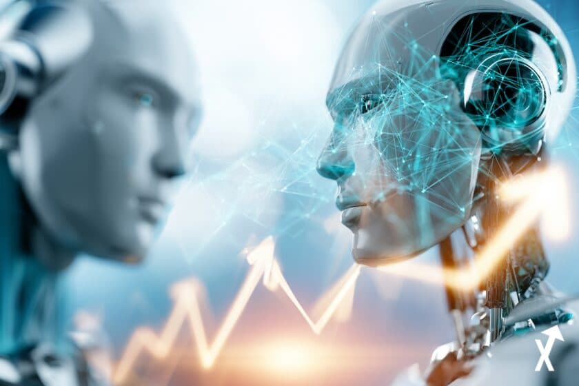 Deux visages de robots humanoïdes de profil, avec réseau de lignes et courbe de prix en zigzag