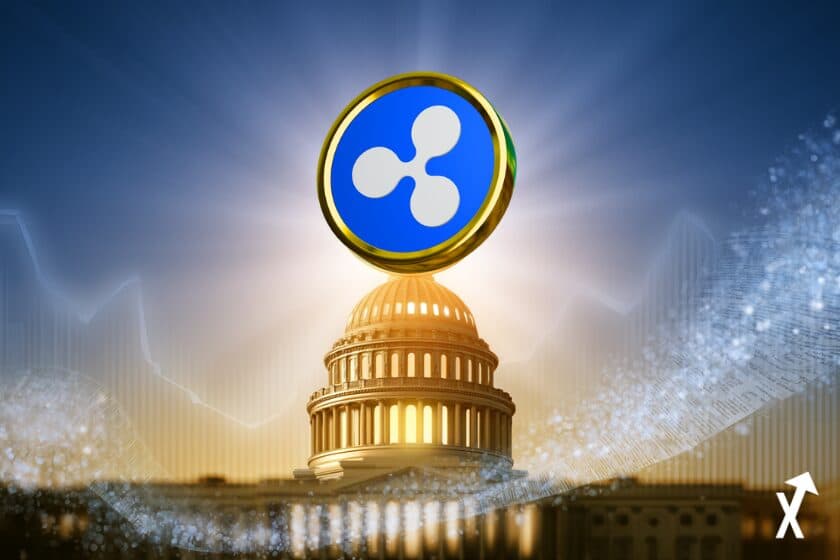 Jeton bleu au logo de XRP au-dessus du dôme du Capitole américain