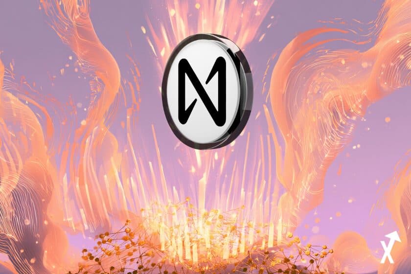 Jeton blanc au logo de NEAR flottant au-dessus de flammes orangées sur fond mauve