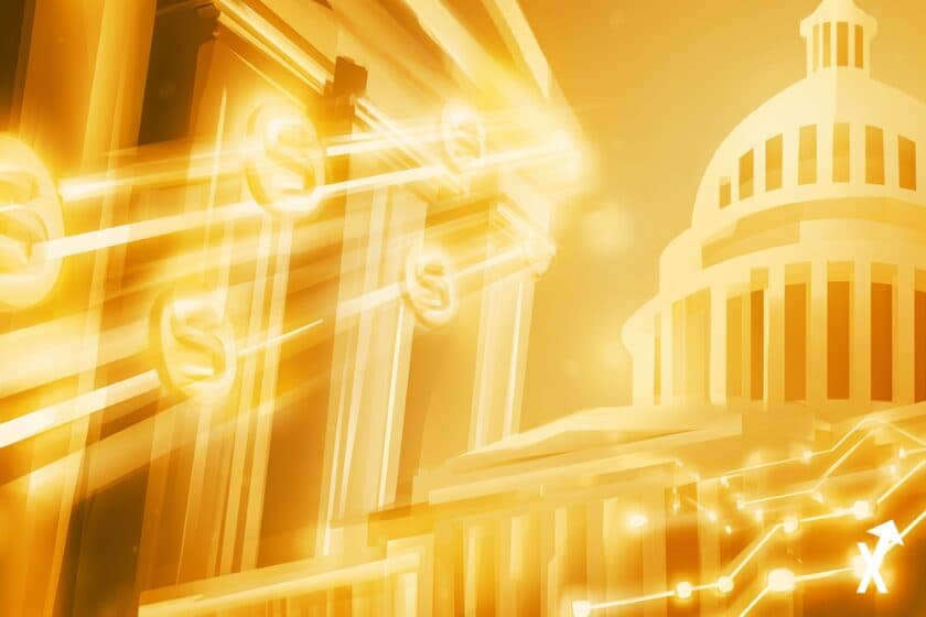 Colonnes d'une banque et dôme du Capitole sous une lumière dorée, avec symboles dollar et courbe